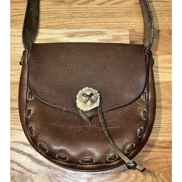 Vintage 70s Leather Handmade Purse Shoulder Bag With Antler Closures Hippy Boho - Picture 4 of 10